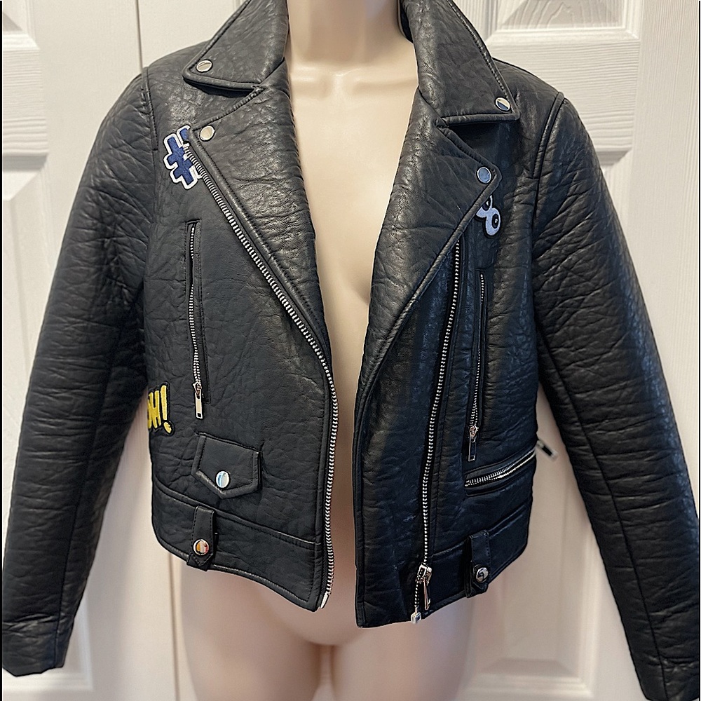 Faux Leather letter patch Moto Jacket.